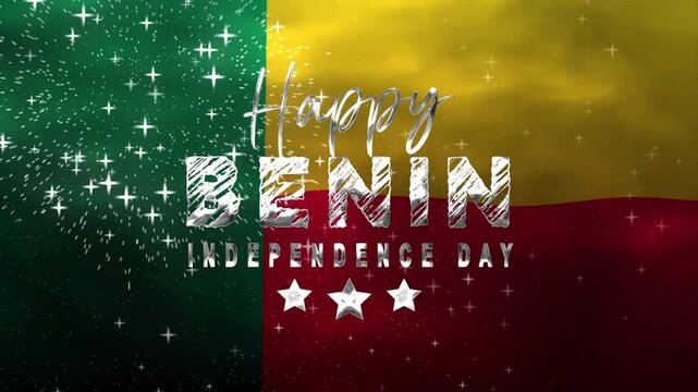 Happy Benin Independence Day Text Animation with waving flag background and fireworks. Suitable for patriotic designs, social media posts, and promotional materials.