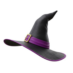 A 3D rendered witch's hat, dark grey with purple accents and a gold buckle, is shown against a transparent background. The hat is angled, showcasing its texture and details.