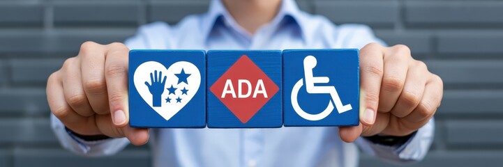 Three blue blocks displaying ADA symbols for accessibility.