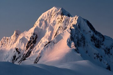 Panoramic photograph of a snow-covered peak, with golden hour lighting,