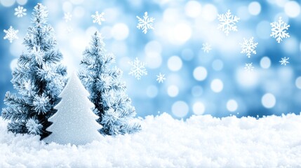 Two small, white Christmas trees sit in a snowy landscape, with a blurred blue background of bokeh and snowflakes.