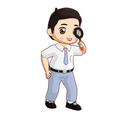 3D illustration of a cartoon school boy wearing uniform, holding a magnifying glass with a cheerful expression, exploring or inspecting.