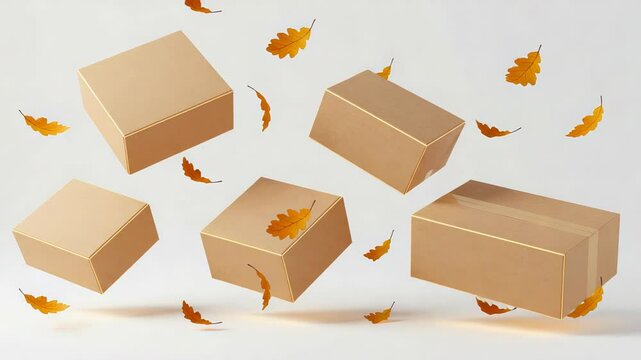 Floating Brown Cardboard Boxes with Autumn Leaves on White Background for Delivery Concept
