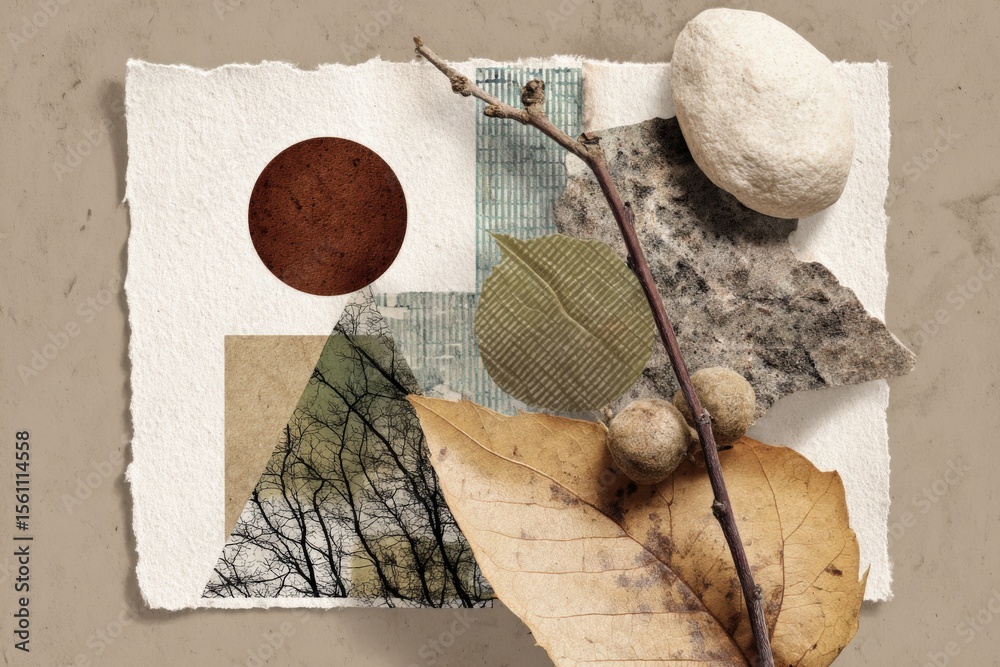 Poster abstract collage with natural elements and textured paper including leaves branches stones and geome