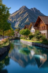 Fototapeta premium Scenic mountain village with traditional wooden houses beside clear river and lush greenery with towe rocky peaks under blue sky
