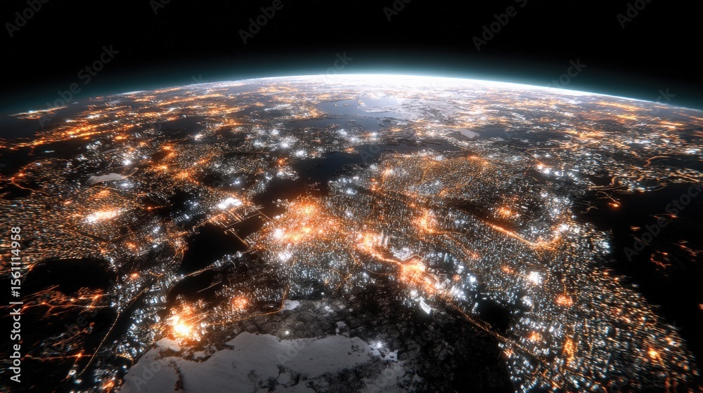 Poster stunning view of earth from space showing illuminated city lights and continents at night with a cle