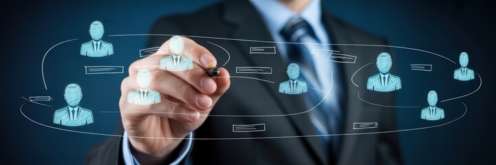 Hand drawing a network of people icons.