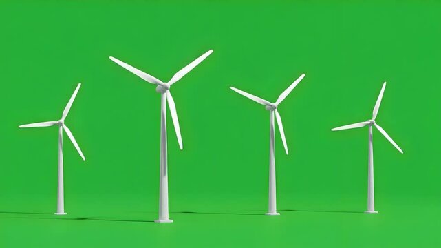 Four White Wind Turbines on a Vivid Green Background Symbolizing Renewable Energy and Sustainable Power Generation