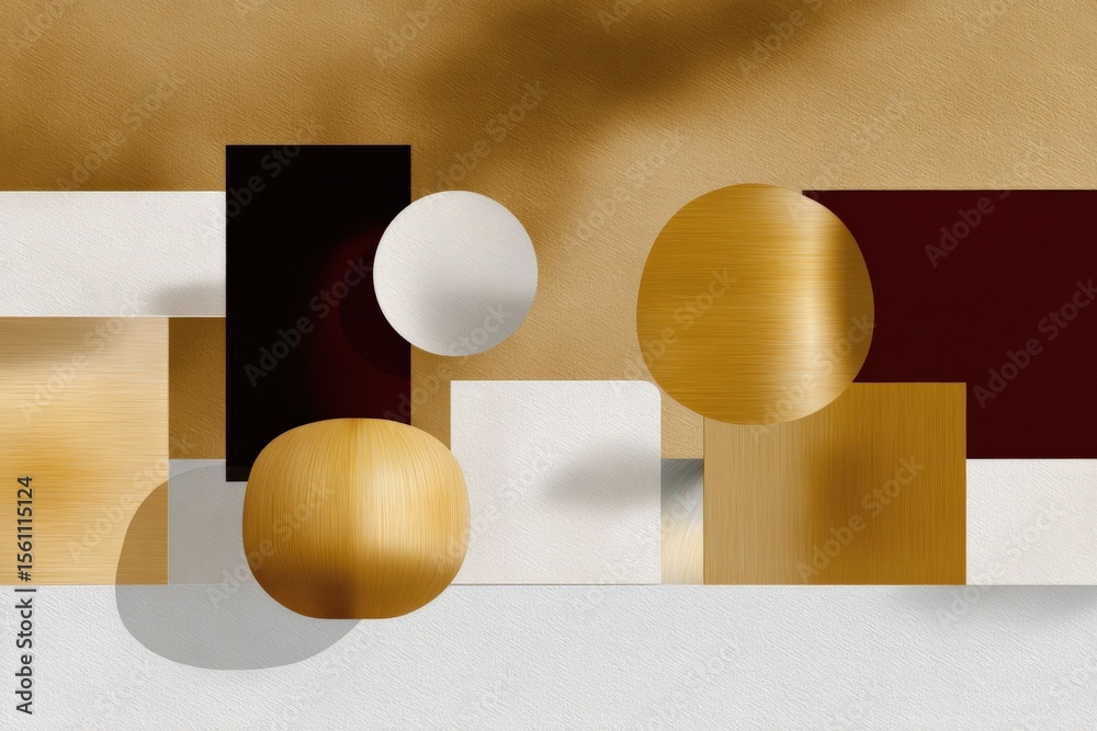 Poster modern geometric minimalistic still life composition with spherical and cubic shapes in gold, black,
