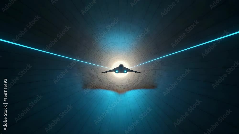 Canvas Prints futuristic voxel spaceship flies through illuminated blue neon tunnel in digital art