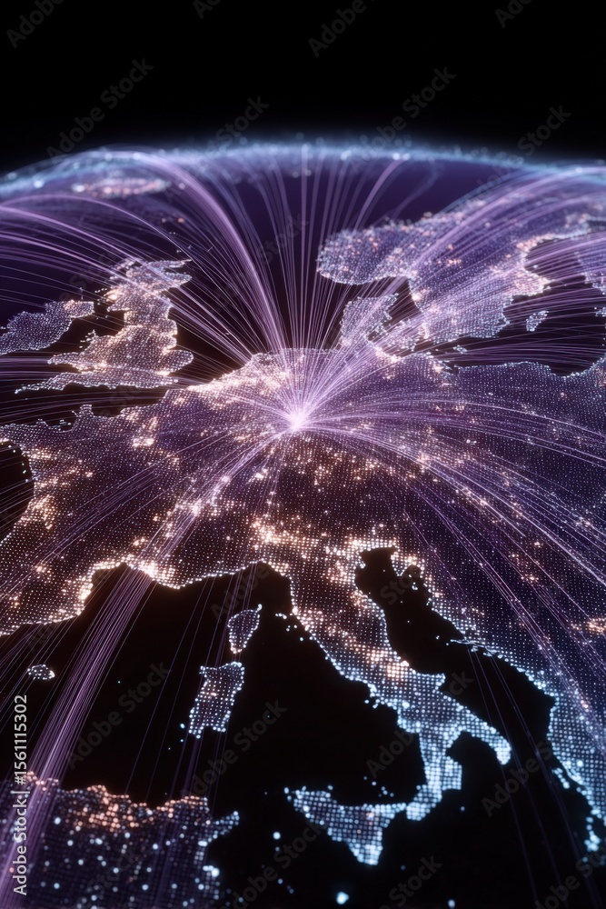 Aufkleber Digital network visualization of Europe with illuminated countries and interconnected glowing data pathways across the continent at night