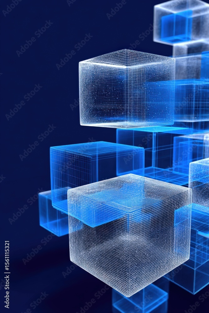 Aufkleber Abstract futuristic geometric digital cube structure with transparent and glowing blue cubic elements on dark background