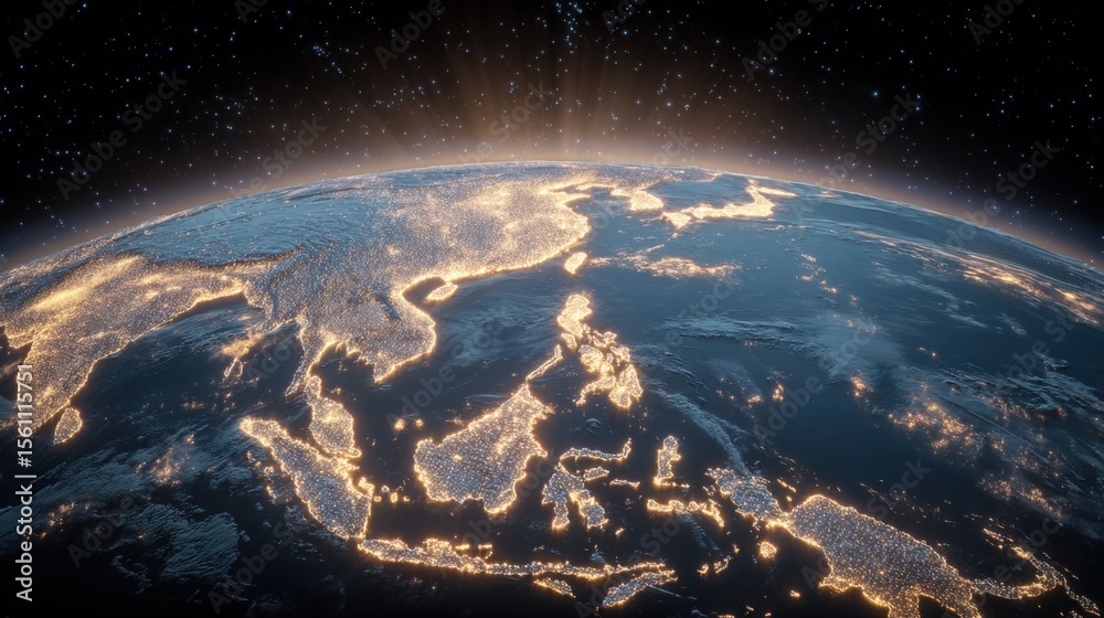 Poster stunning view of earth from space showing illuminated continents and cities with a bright sunrise li