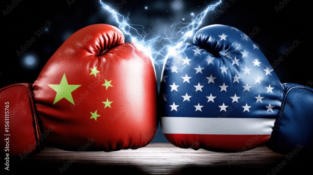 Poster intense boxing match between red and blue boxing gloves with chinese and american flags lightning bo