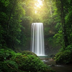 Lush rainforest waterfall cascading into a tranquil pool, bathed in sunlight.