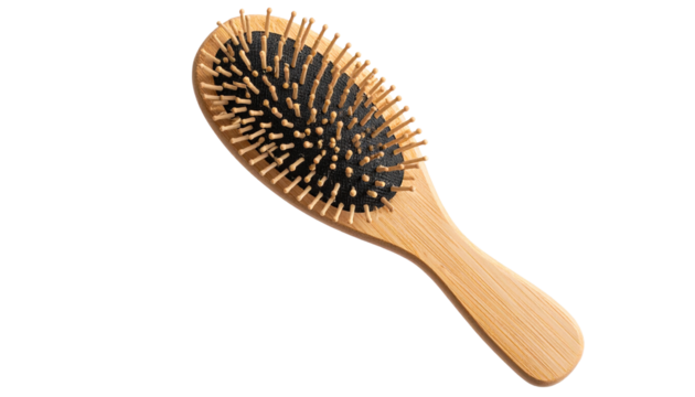 A colour full Bamboo hair brush wooden paddle hairbrush detangling scalp massage eco friendly brush isolated on transparent background