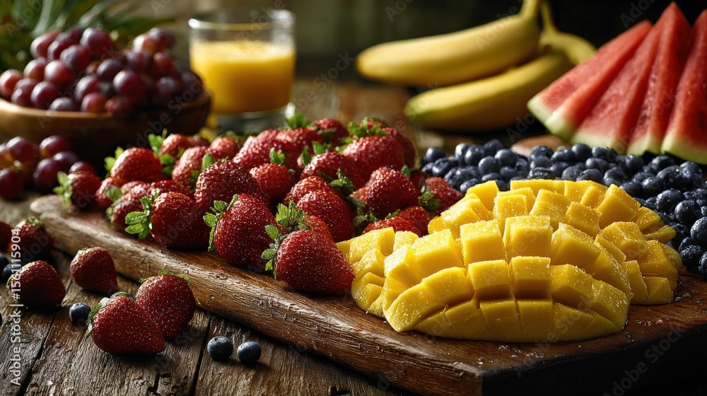 Aufkleber fresh assorted fruit platter with ripe berries mango watermelon bananas and juicy grapes on rustic w
