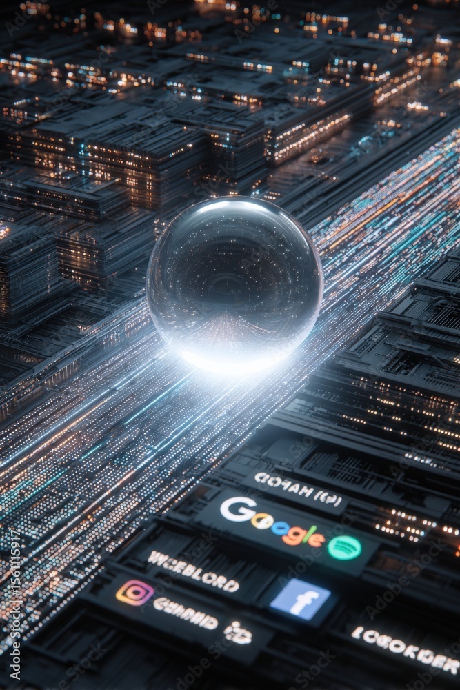 Poster futuristic digital cityscape at night with glowing skyscrapers and a large holographic sphere repres