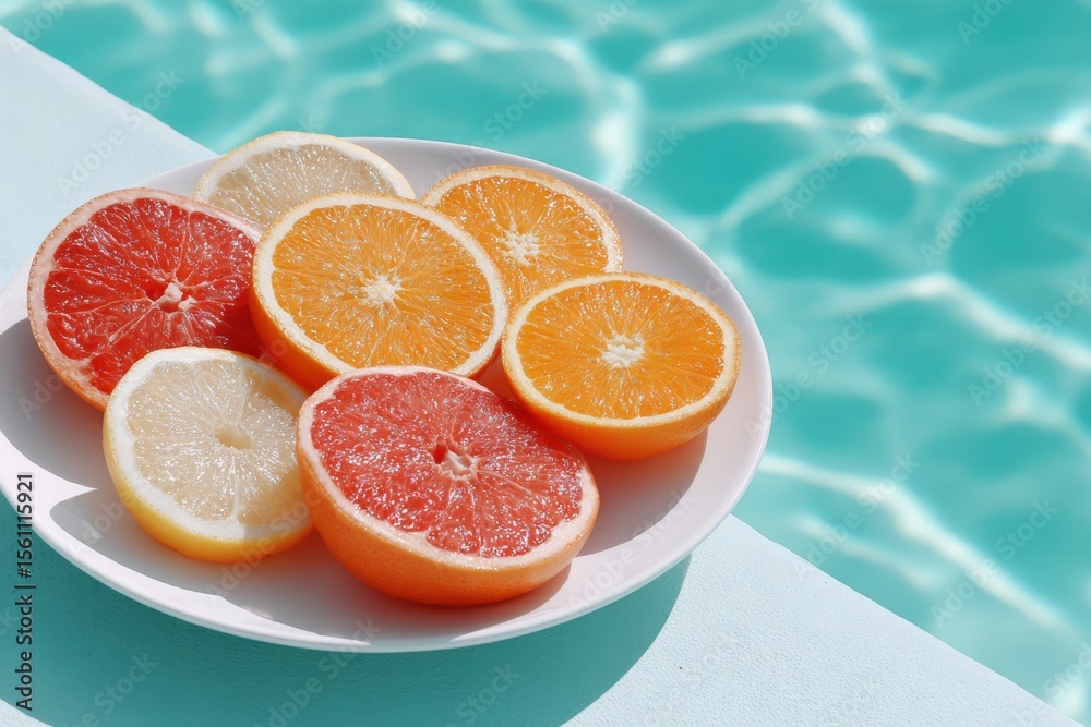 Poster assorted fresh citrus fruits sliced in half including grapefruit orange lemon and lime on white plat