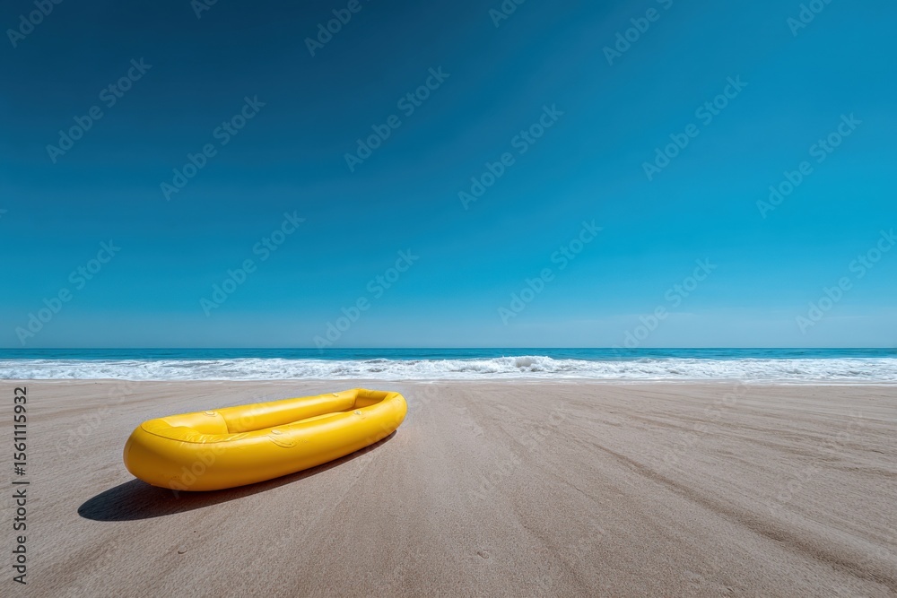 Poster wide angle view of empty sandy beach with bright yellow inflatable boat under clear blue sky with ge