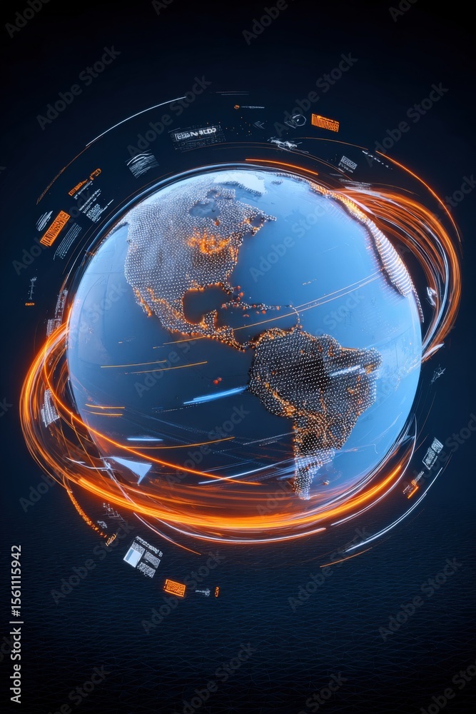 Aufkleber Futuristic digital globe displaying interconnected data networks and light trails representing global connectivity and high technology innovation