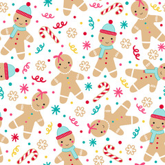Christmas Cute Gingerbread with Candy cane Seamless Pattern- Christmas Gingerbread Vector Illustration