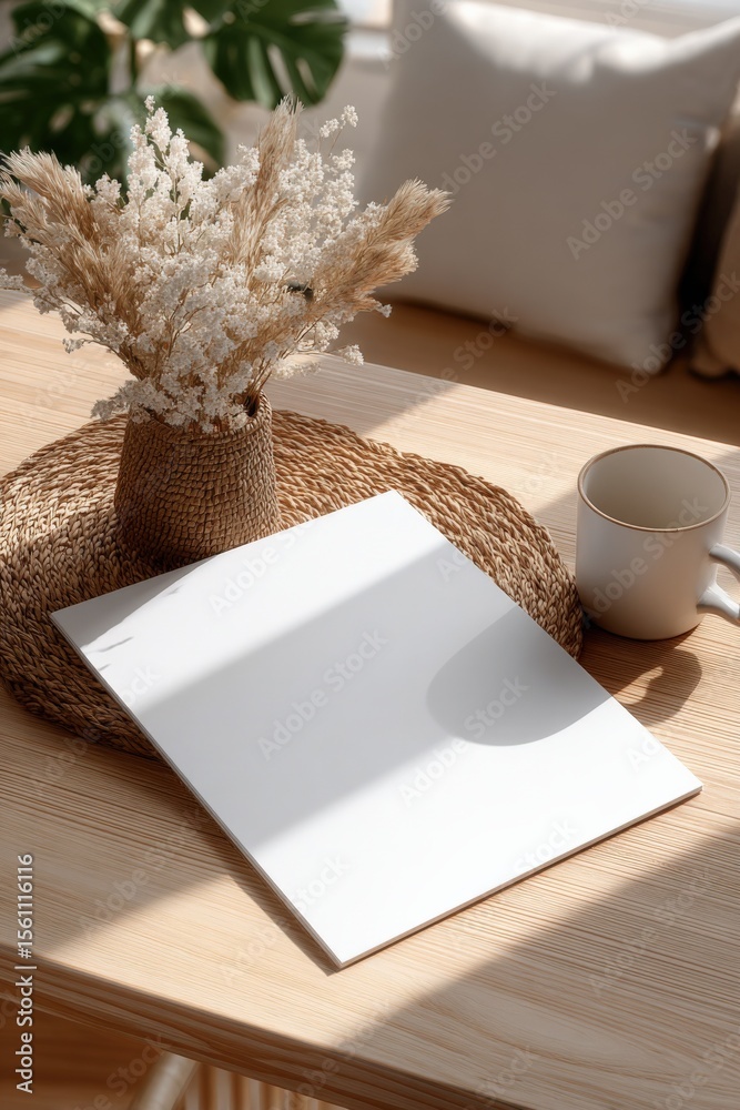 Poster stylish modern workspace with blank notepad and coffee mug on wooden desk with decorative dried flow