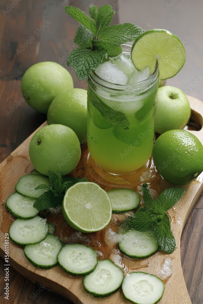 Poster refreshing cold cucumber and mint mojito cocktail with ice lime slices and fresh herbs served on a w