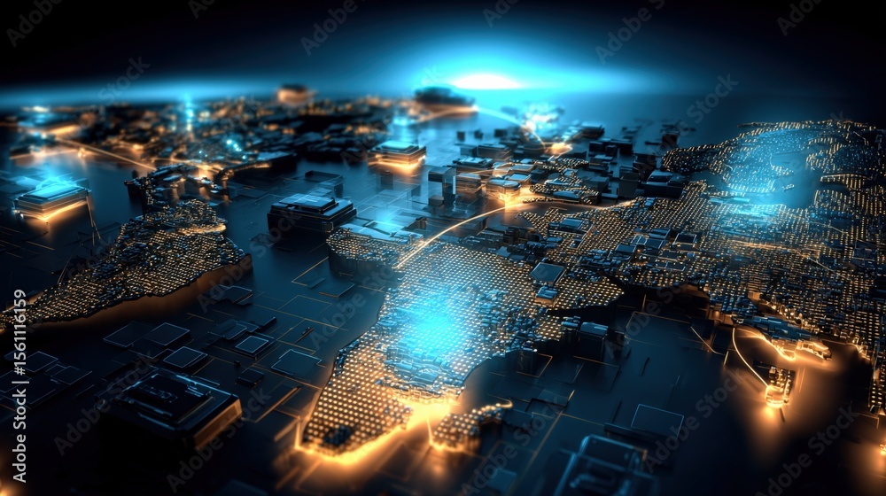 Poster futuristic cityscape at night with illuminated sky and advanced technology infrastructure in a cyber