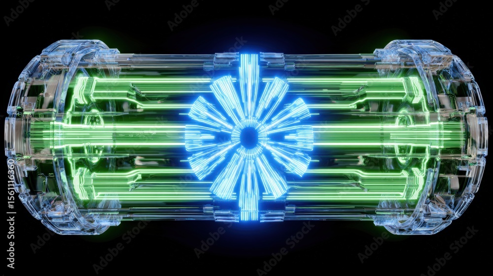 Poster highly detailed futuristic cylindrical device with glowing blue and green light effects and transpar