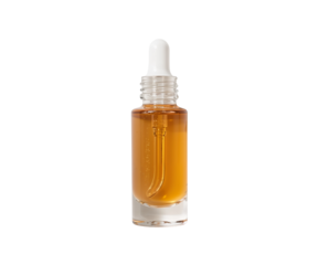 Elevated close-up of a transparent glass serum dropper bottle showcasing advanced skincare or pharmaceutical product design