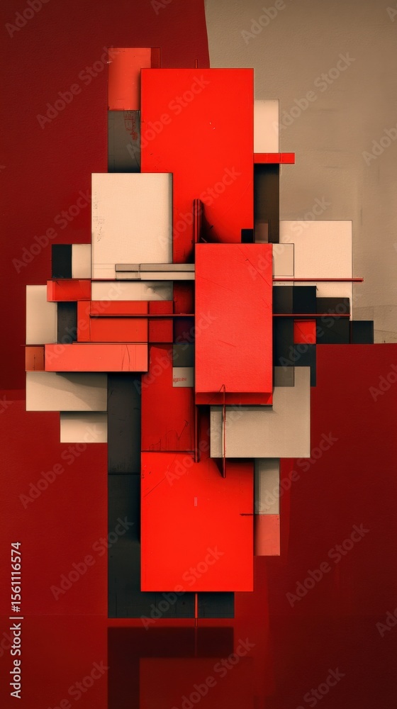 Aufkleber abstract modern geometric wall art with bold red and black rectangular 3d shapes and white accents c