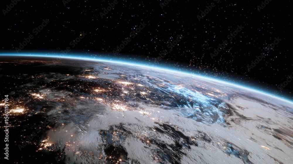 Poster stunning view of earth from space showing night lights and atmosphere with starry sky in the backgro
