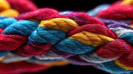 Close-up of colorful hand-woven fabric with vibrant intertwined threads showcasing texture and craftsmanship in arts and crafts projects