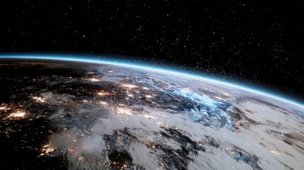 Obraz premium Stunning View of Earth from Space Showing Night Lights and Atmosphere with Starry Sky in the Background