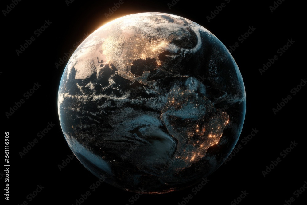 Poster vibrant earth from space with illuminated continents and night lights highlighting urban areas and n