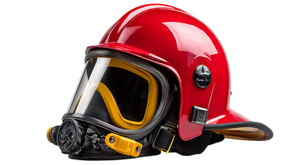 Detailed view of a red firefighter helmet with a clear visor and yellow accents isolated on transparent background