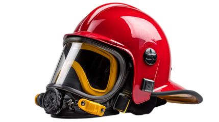 Detailed view of a red firefighter helmet with a clear visor and yellow accents isolated on transparent background