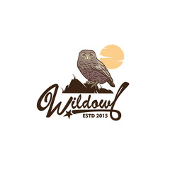 Vintage Wild Owl Logo Illustration, Nocturnal Bird Perched on Rock Hand Drawn Style Wildlife Badge Vector