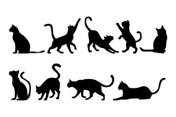 Black cat silhouettes in various poses, isolated on a white background. These elegant, sleek feline figures are perfect for logos, decals, or apparel designs, showcasing a minimalist and modern art st