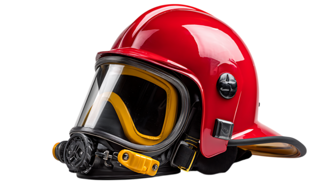 Detailed view of a red firefighter helmet with a clear visor and yellow accents isolated on transparent background