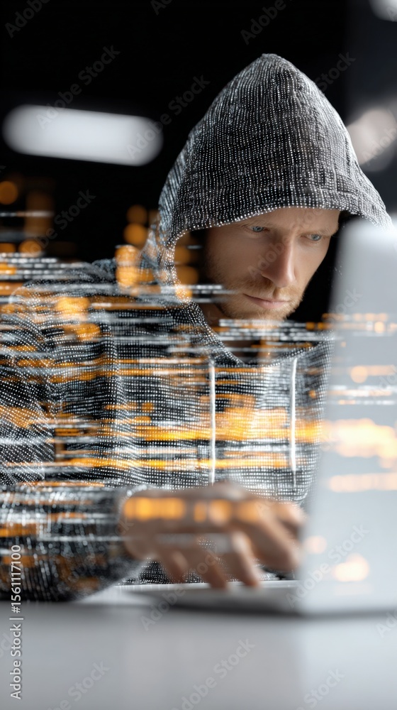 Poster Young male hacker in hoodie working on laptop with digital code and data stream overlay in dark futuristic environment with cyber security theme