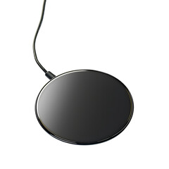 Modern circular wireless charging pad with a thin black cable isolated on transparent background