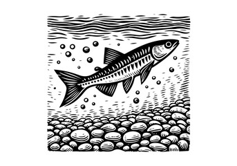Minnow Fish Simple Hand Drawn Natural Illustration Stylized as Linocut Vector Isolated by AZ for Books, Arts, Design and Decoration Graphic Asset