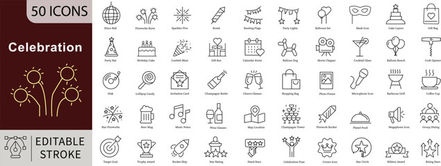 Celebration Party Line Icons: Birthday, Events, Festive and Entertainment Vectors. Editable Stroke