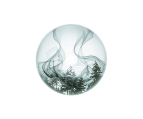 Ethereal Enclosure, A Delicate Glass Orb Encapsulating Whispers of Smoke and Forest Trees in a Minimalist Composition