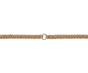 Exquisite close-up of a delicately woven, thin, braided belt featuring an elegant metallic ring, showcasing craftsmanship