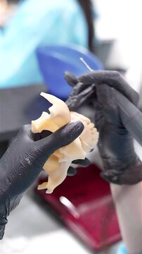 Dental prosthesis in the hands of the doctor close-up. Dentist holding ceramic dental bridge. Front view of complete denture. Dentistry conceptual photo. Prosthetic dentistry. False teeth