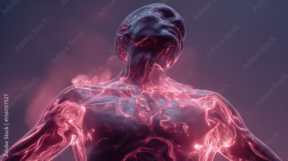 Poster futuristic digital human with neon glowing energy pattern and transparent skin showing inner matrix 