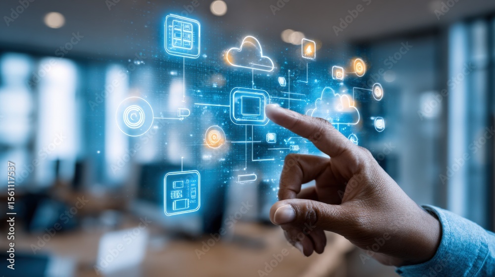 Aufkleber Modern Technology Concept with Cloud Computing Data Storage Digital Network Interface Interface with Digital Icons and Hand Touching Screen